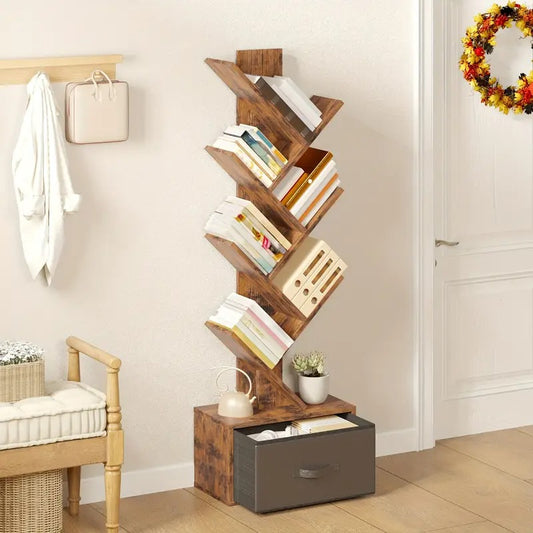 TOMNK 6 Shelf Bookshelf With Drawer, Tree Book Shelf, Bookshelves Storage Rack For CDs/Movies/Books, Rustic Brown Bookcase, Provides Great Stability And Durability, For Living Room,