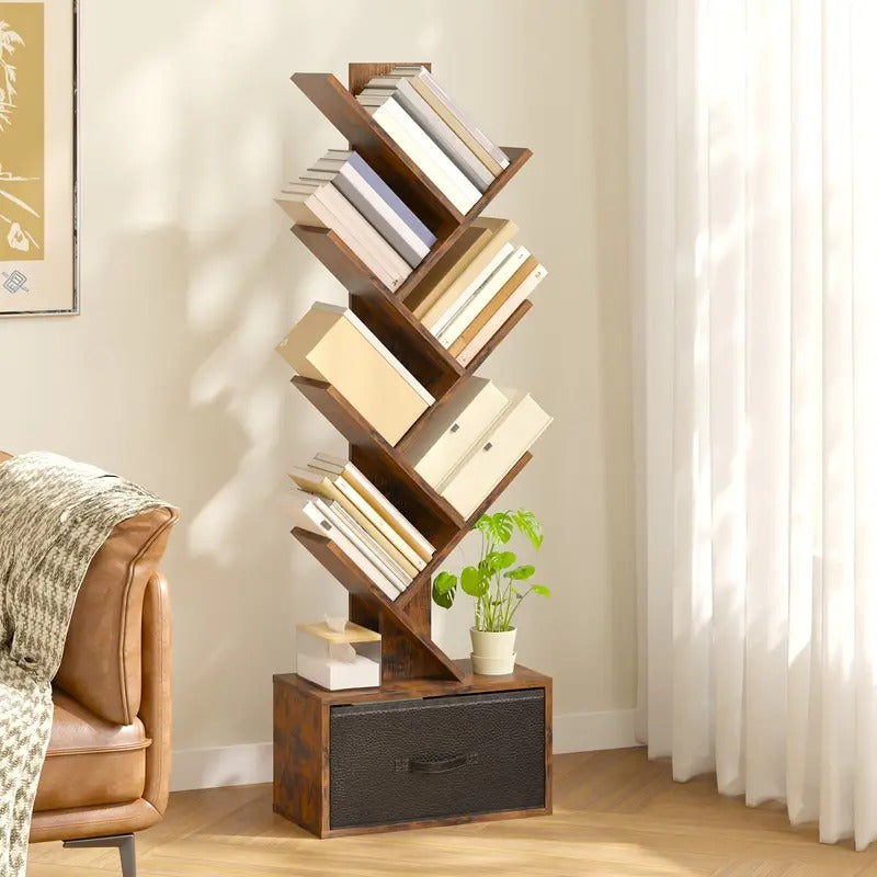 TOMNK 6 Shelf Bookshelf With Drawer, Tree Book Shelf, Bookshelves Storage Rack For CDs/Movies/Books, Rustic Brown Bookcase, Provides Great Stability And Durability, For Living Room,