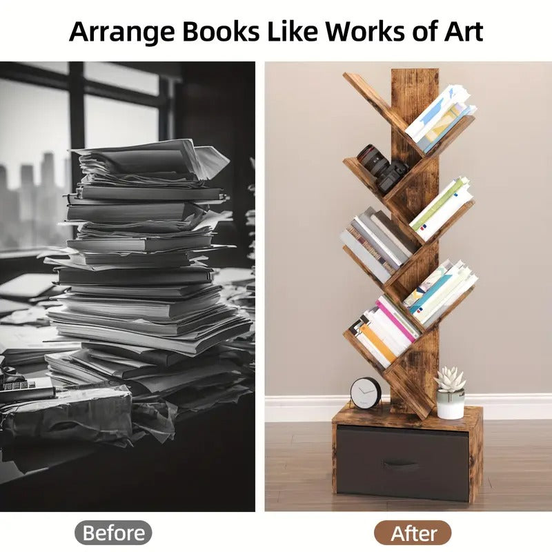 TOMNK 6 Shelf Bookshelf With Drawer, Tree Book Shelf, Bookshelves Storage Rack For CDs/Movies/Books, Rustic Brown Bookcase, Provides Great Stability And Durability, For Living Room,