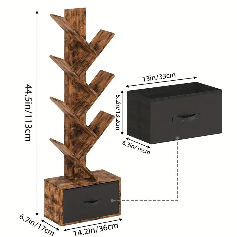 TOMNK 6 Shelf Bookshelf With Drawer, Tree Book Shelf, Bookshelves Storage Rack For CDs/Movies/Books, Rustic Brown Bookcase, Provides Great Stability And Durability, For Living Room,
