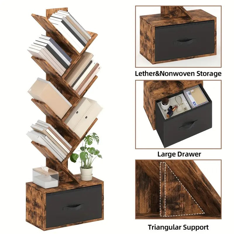 TOMNK 6 Shelf Bookshelf With Drawer, Tree Book Shelf, Bookshelves Storage Rack For CDs/Movies/Books, Rustic Brown Bookcase, Provides Great Stability And Durability, For Living Room,