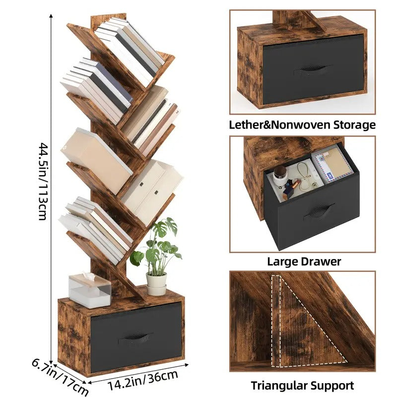 TOMNK 6 Shelf Bookshelf With Drawer, Tree Book Shelf, Bookshelves Storage Rack For CDs/Movies/Books, Rustic Brown Bookcase, Provides Great Stability And Durability, For Living Room,